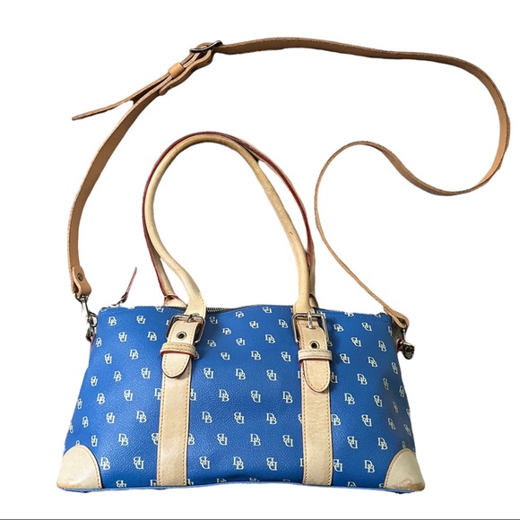 Gorgeous Y2K Dooney & Bourke Signature Blue/Tan Domed Satchel/Crossbody - Picture 2 of 11